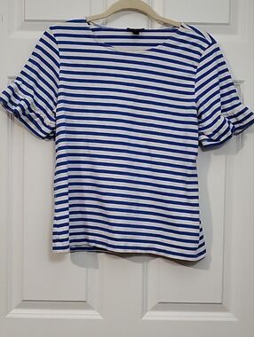 J.Crew Blue & White Striped Ruffle Sleeve Top Women’s Medium